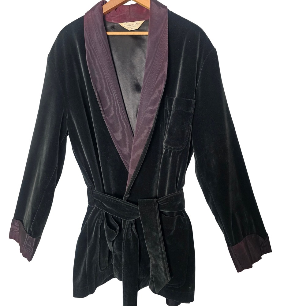 Vintage Christian Dior Monsieur Mens Velvet Smoking Jacket Robe XL Black Plum
